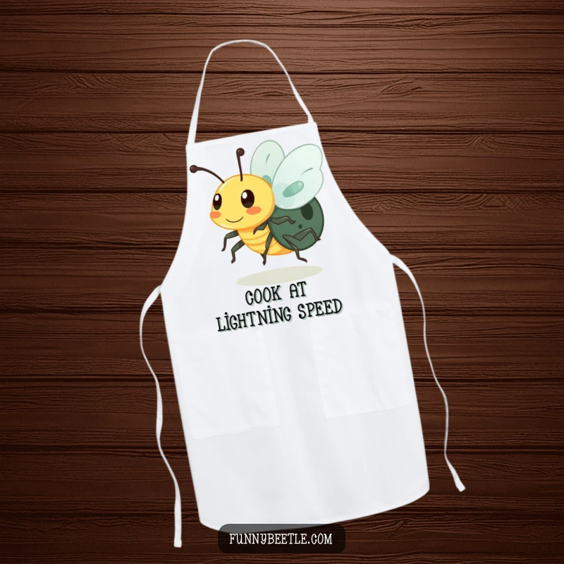 Funny apron depicting a buzzing beetle with legs a blur, ideal for chefs who work quickly and appreciate a humorous kitchen accessory.