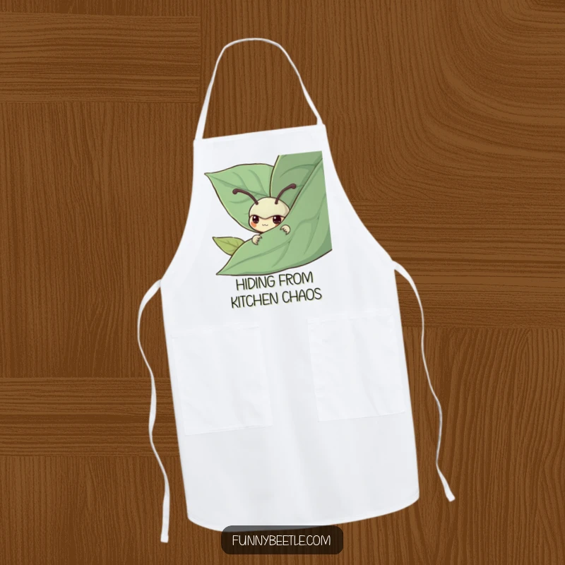Funny apron depicting a shy beetle peeking from behind a leaf, ideal for cooks who enjoy quiet creativity and appreciate subtle humor.