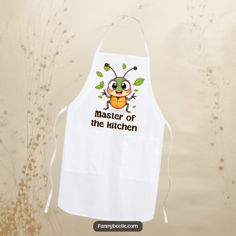Funny apron featuring a cheerful beetle with large, excited eyes, juggling tiny leaves, adding a touch of nature's humor.