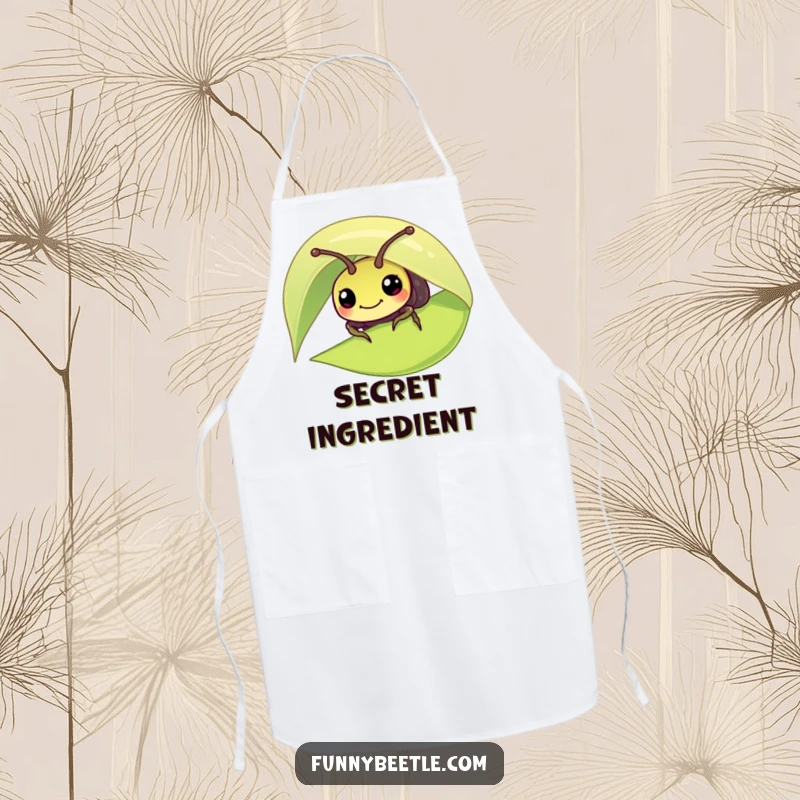 Funny apron with a curious beetle peeking from under a leaf, designed for kitchen fun and protection, adding a humorous, nature-themed flair.