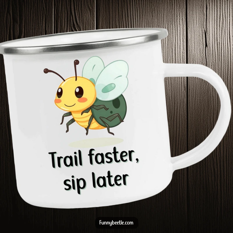 Funny camping mug featuring a buzzing beetle with blurred legs, symbolizing energy and activity for outdoor adventures with a humorous touch.