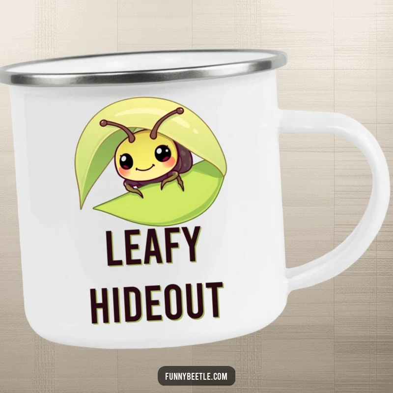 Funny camping mug featuring a curious beetle peeking from under a leaf, perfect for outdoor drinks and adding a humorous touch to adventures.