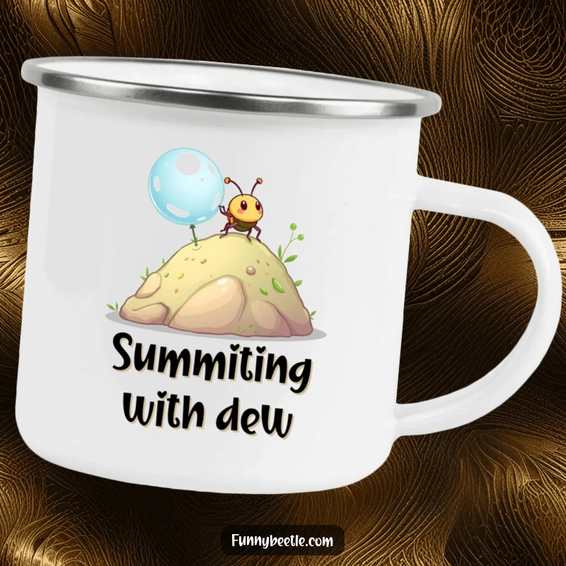 Funny beetle camping mug with a happy beetle pushing a giant dewdrop uphill, perfect for outdoor use and humorous enjoyment.