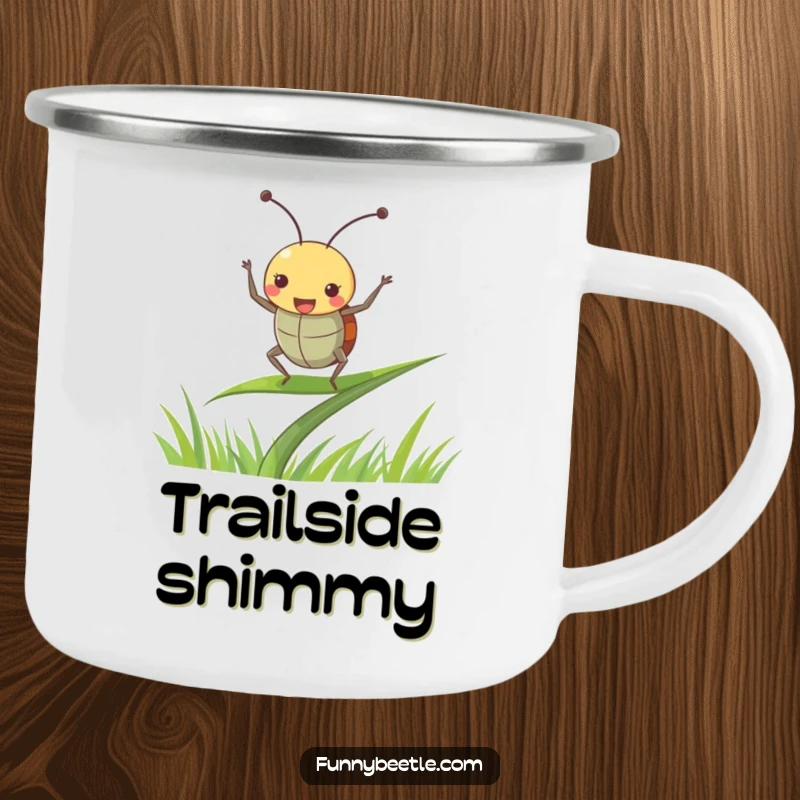 Funny beetle camping mug with a joyful beetle dancing with antennae perked up on a blade of grass, great for outdoor use and humorous enjoyment.