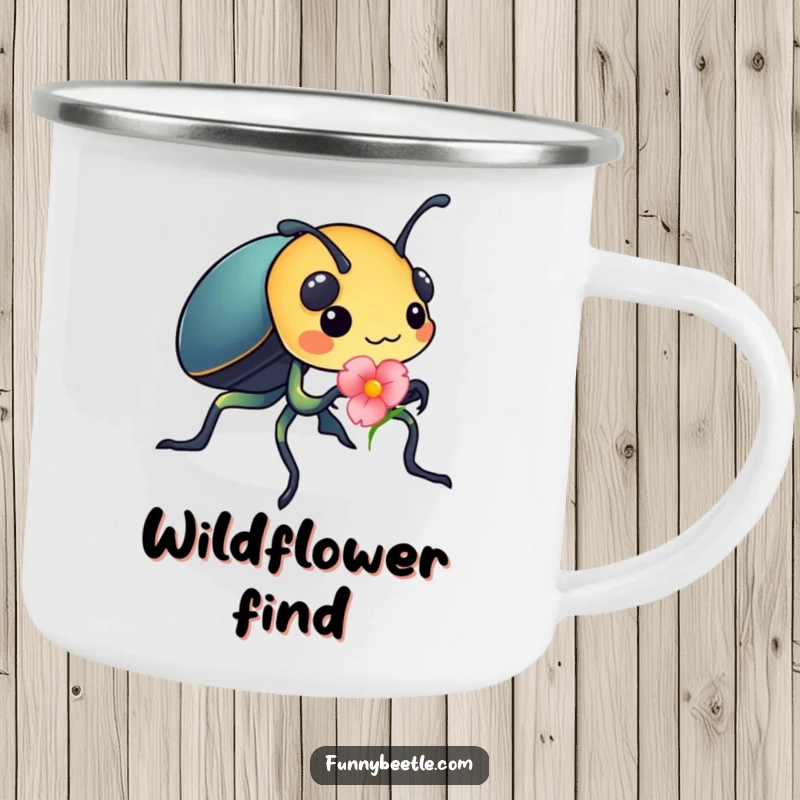 Funny camping mug featuring a busy beetle carrying a bright flower petal, perfect for outdoor drinks with a touch of industrious humor.
