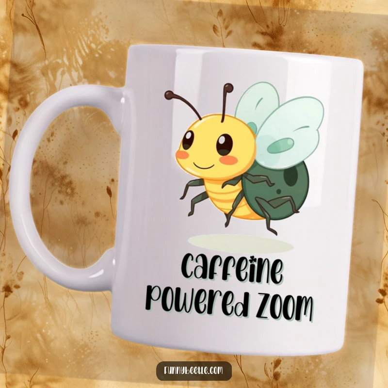 Funny mug featuring a buzzing beetle character with its legs blurred in rapid motion, symbolizing constant activity and a humorous sense of urgency.