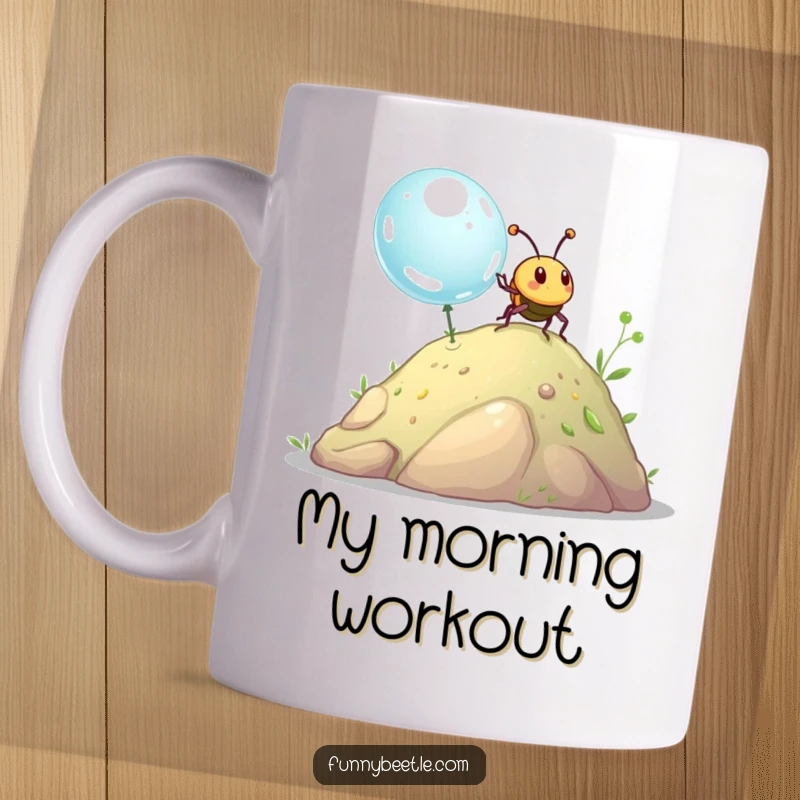 Funny beetle mug showing a happy beetle pushing a giant dewdrop up a small hill, symbolizing persistence and effort.