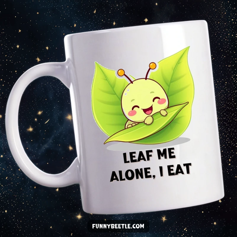 Funny mug featuring a cheerful caterpillar character happily munching on a vibrant green leaf, embodying contentment and simple joys.