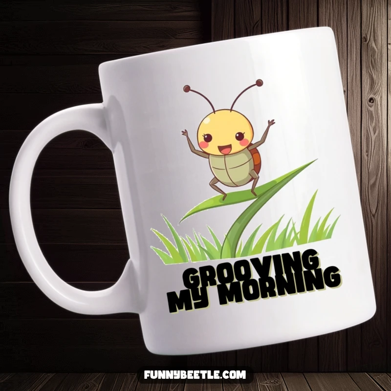Funny joyful beetle mug showing a beetle dancing with antennae perked up on a blade of grass, embodying pure happiness.