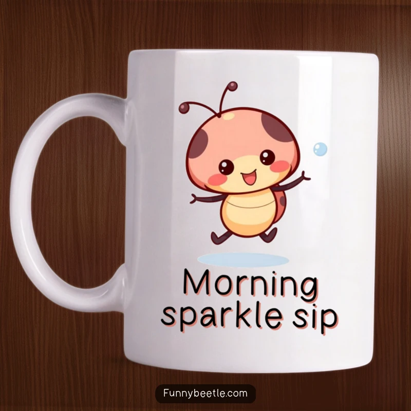 Funny Ladybug Dewdrop Mug: A joyful ladybug skips playfully, holding a shimmering dewdrop, radiating happiness.