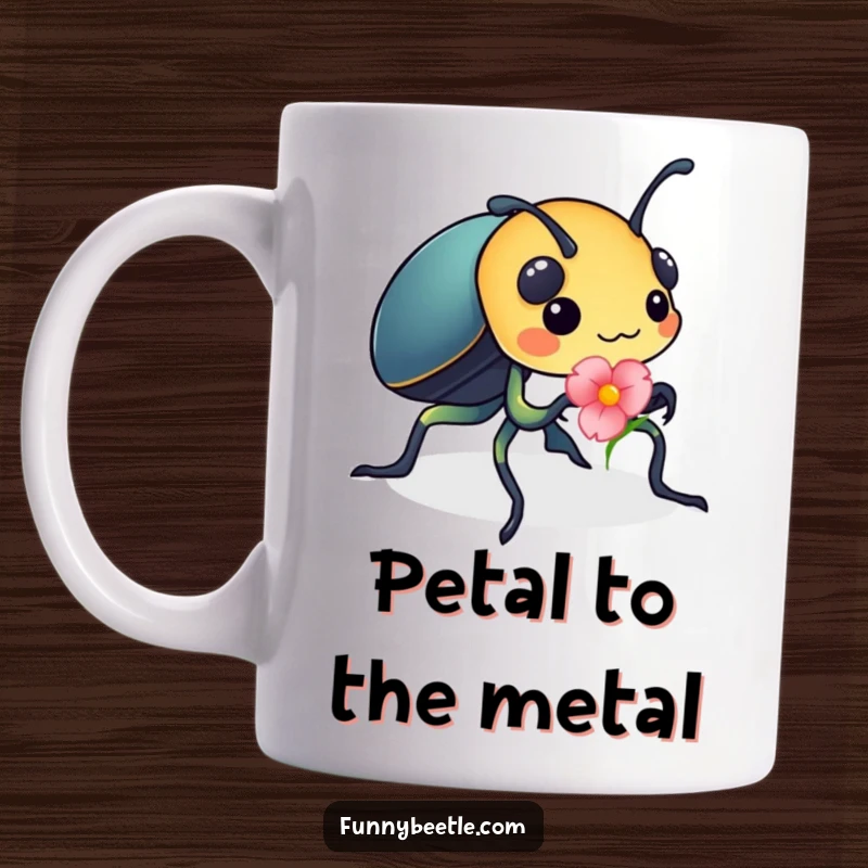 Funny mug featuring a busy beetle carrying a tiny, bright flower petal, showcasing its industrious nature and dedication to a colorful task.