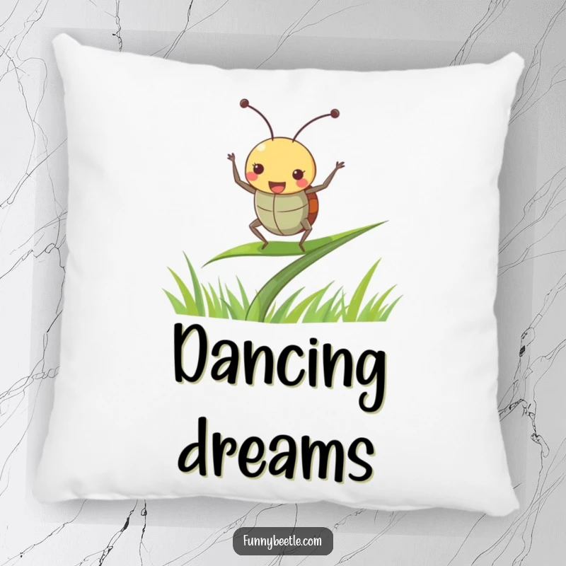 Funny beetle pillow with a joyful beetle dancing with antennae perked up on a blade of grass, providing comfort and a humorous vibe.