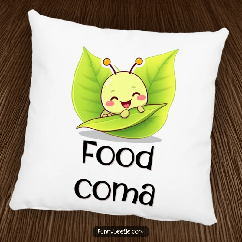 Funny pillow featuring a cheerful caterpillar character munching on a vibrant leaf, offering comfort and a touch of whimsical, food-themed humor.