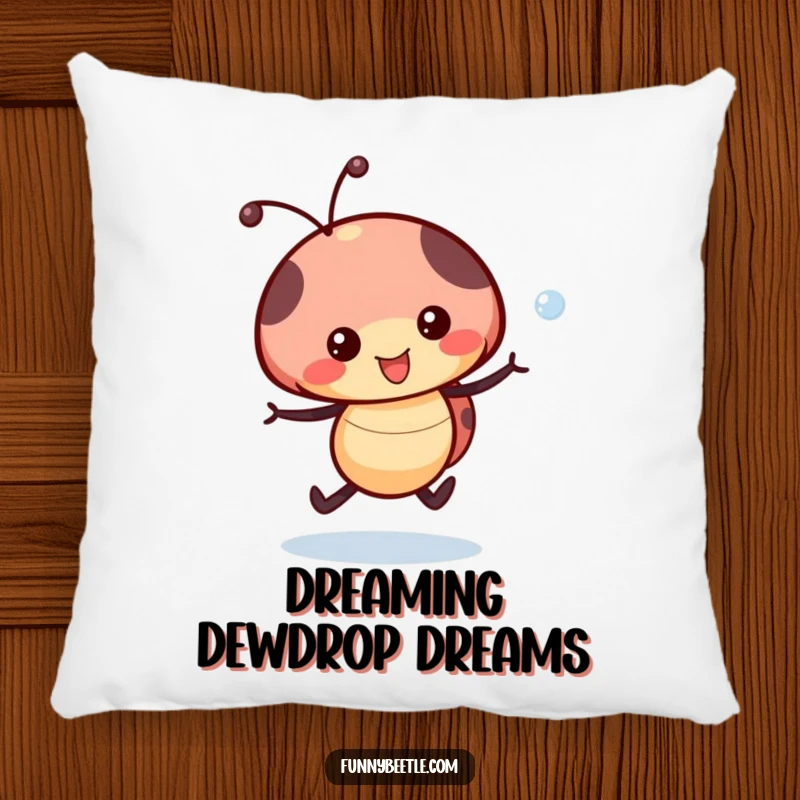 Funny Ladybug Dewdrop Pillow: A happy ladybug skips with a dewdrop, offering plush comfort and cheerful vibes.