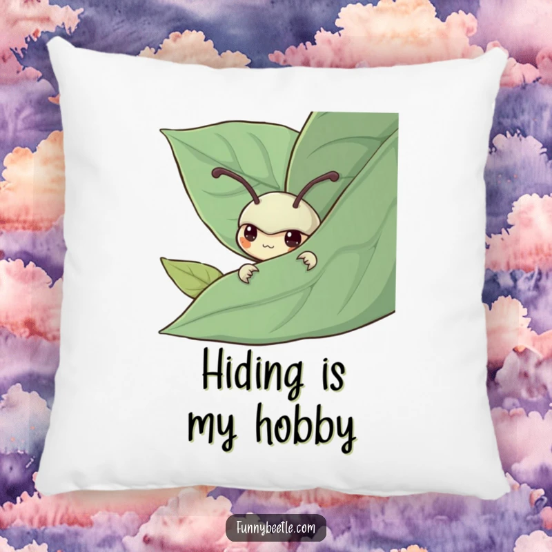 Funny pillow featuring a shy beetle peeking from behind a leaf, offering cozy comfort and a humorous touch of gentle observation.