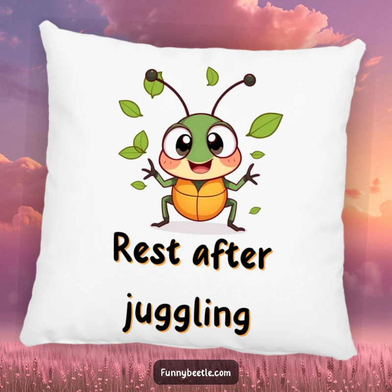 Funny decorative pillow of a cheerful beetle with large, excited eyes, juggling tiny leaves, offering soft, natural humor.