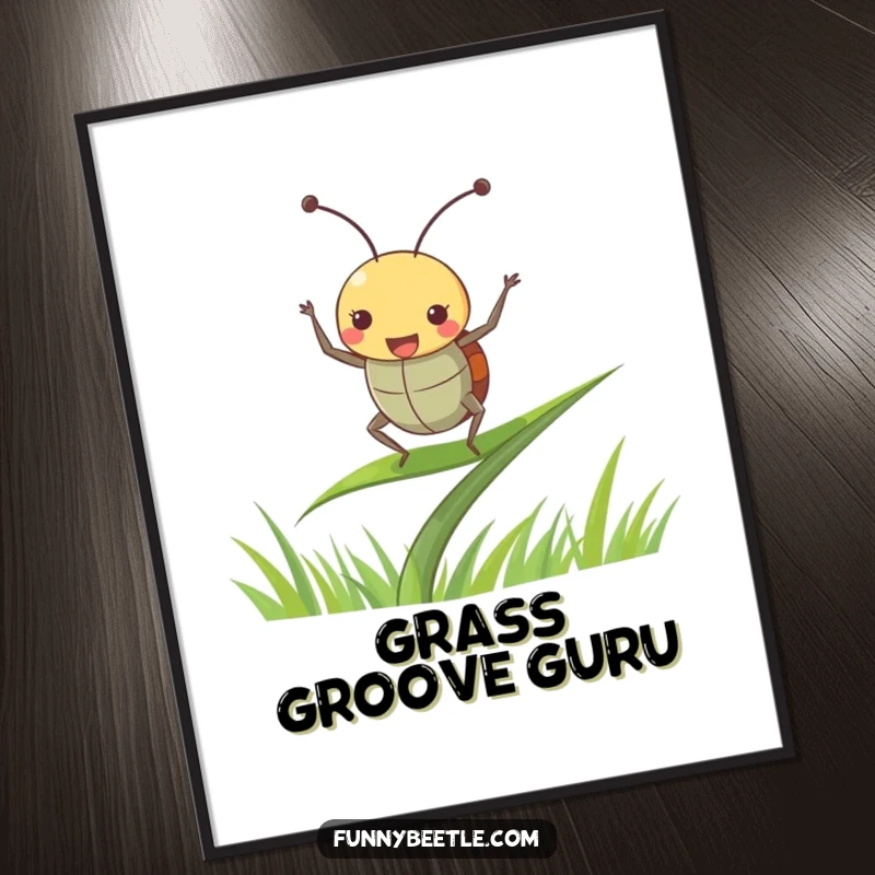 Funny beetle digital art print of a joyful beetle dancing with antennae perked up on a blade of grass, great for instant happy wall decor.