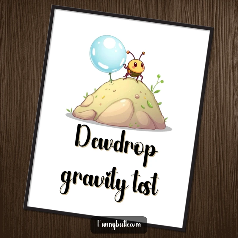 Funny beetle digital art print of a happy beetle pushing a giant dewdrop uphill, great for instant humorous wall decor.