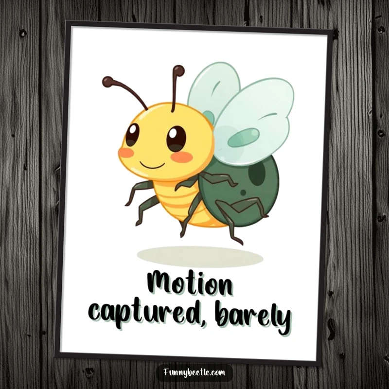 Funny digital art print of a buzzing beetle with legs blurred in motion, conveying intense activity and humor for instant digital decor.