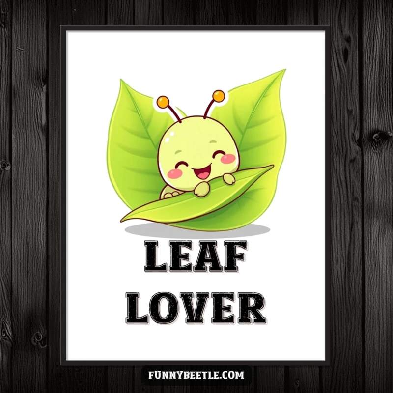 Funny digital art print of a cheerful caterpillar character munching on a leaf, offering instant whimsical decor and a dose of pure joy.