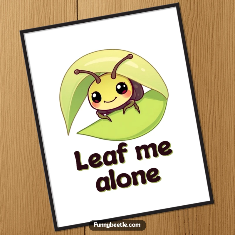 Funny digital art print of a curious beetle peeking from under a leaf, offering instant whimsical decor and a playful visual.