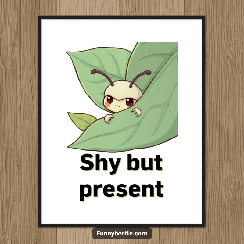 Funny digital art print of a shy beetle peeking from behind a leaf, conveying gentle humor and quiet observation for instant digital decor.