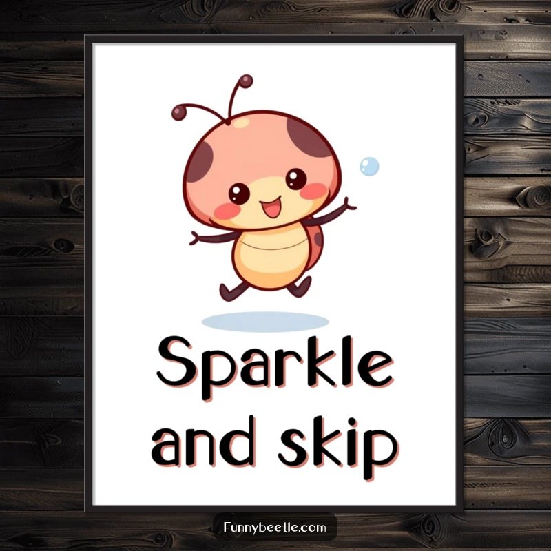 Funny Ladybug Dewdrop Digital Art: A happy ladybug skips with a dewdrop, ideal for instant cheerful and humorous decor.