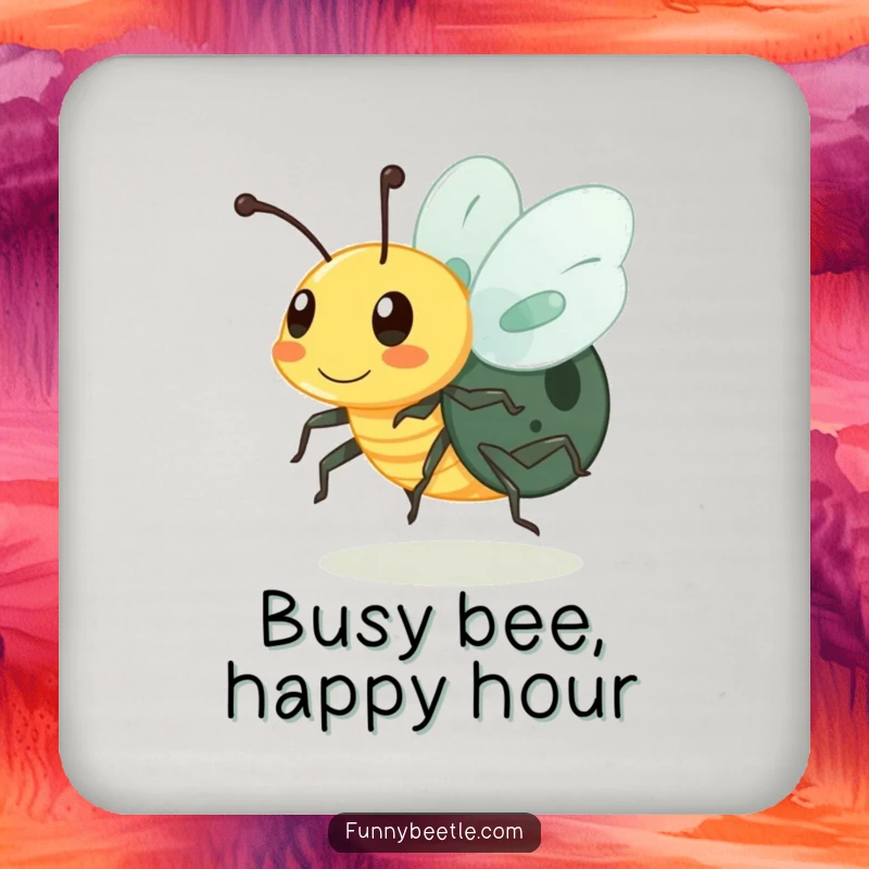 Funny drink coaster featuring a buzzing beetle with blurred legs, representing speed and activity while humorously protecting surfaces.