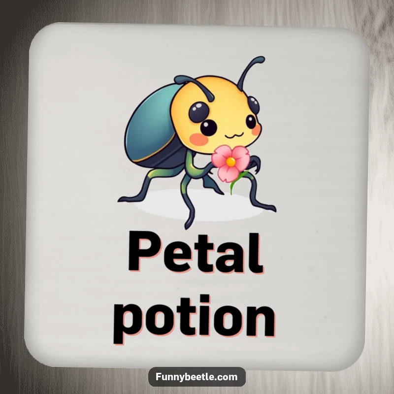 Funny drink coaster with a busy beetle carrying a bright flower petal, protecting surfaces with a touch of adorable, industrious humor.