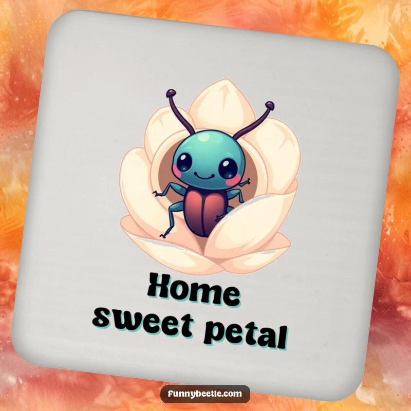 Funny beetle drink coasters depicting a curious beetle peering into a miniature flower petal home, adding whimsical humor to tabletops.