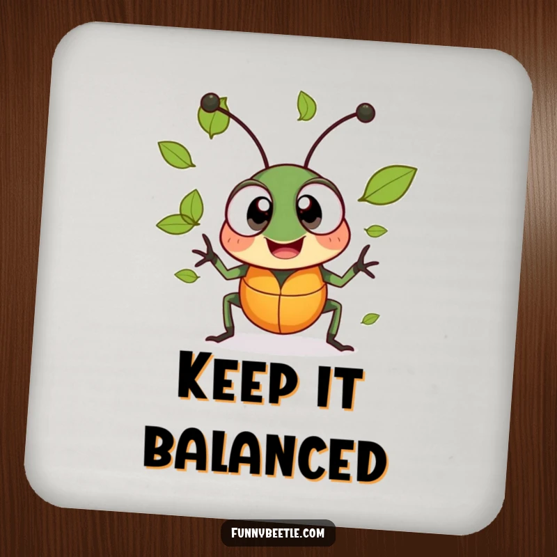 Funny drink coaster with a cheerful beetle juggling tiny leaves, bringing nature's fun to any surface.