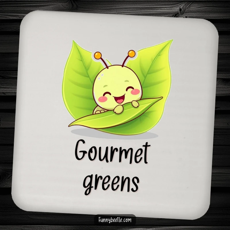 Funny drink coaster with a cheerful caterpillar munching on a leaf, protecting surfaces with a touch of adorable, food-loving humor.