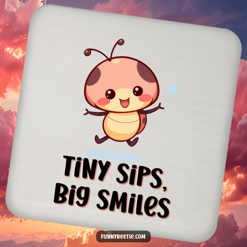 Funny Ladybug Dewdrop Coaster: A happy ladybug skips with a dewdrop, offering a cheerful and humorous surface protector.