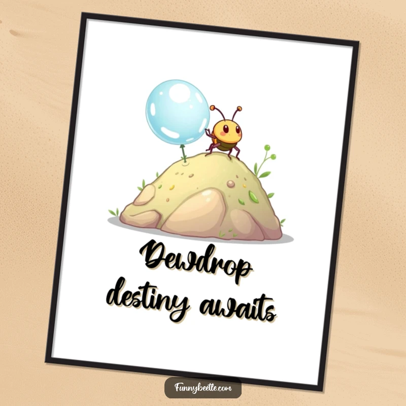 Funny beetle poster showing a happy beetle pushing a giant dewdrop up a small hill, perfect for adding humor to wall decor.