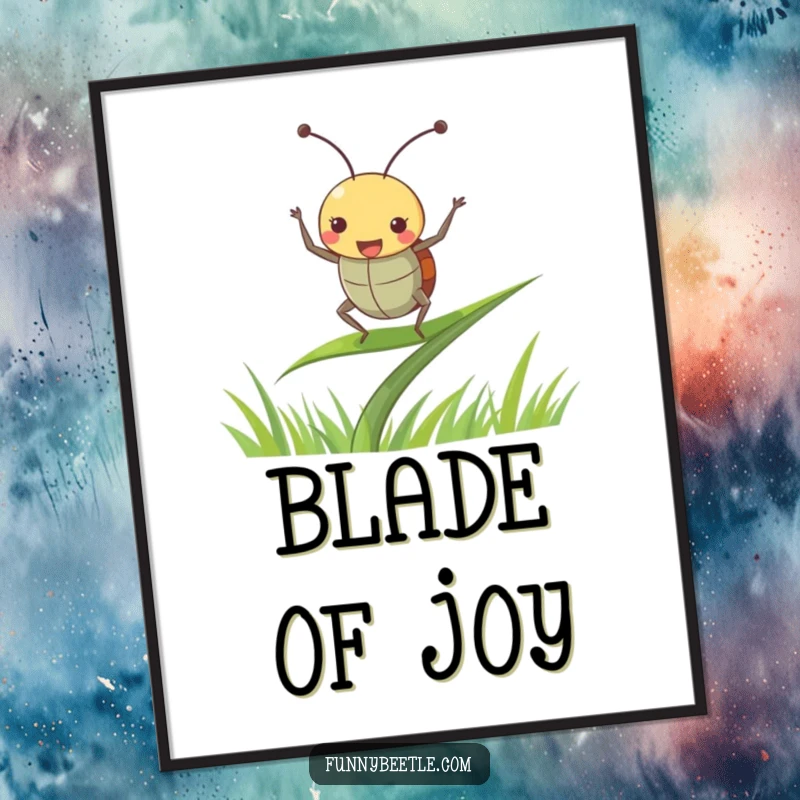Funny beetle poster showing a joyful beetle dancing with antennae perked up on a blade of grass, perfect for uplifting wall decor.