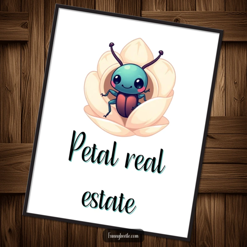 Funny beetle poster showing a curious beetle peering into a miniature flower petal home, perfect for adding whimsical charm to decor.