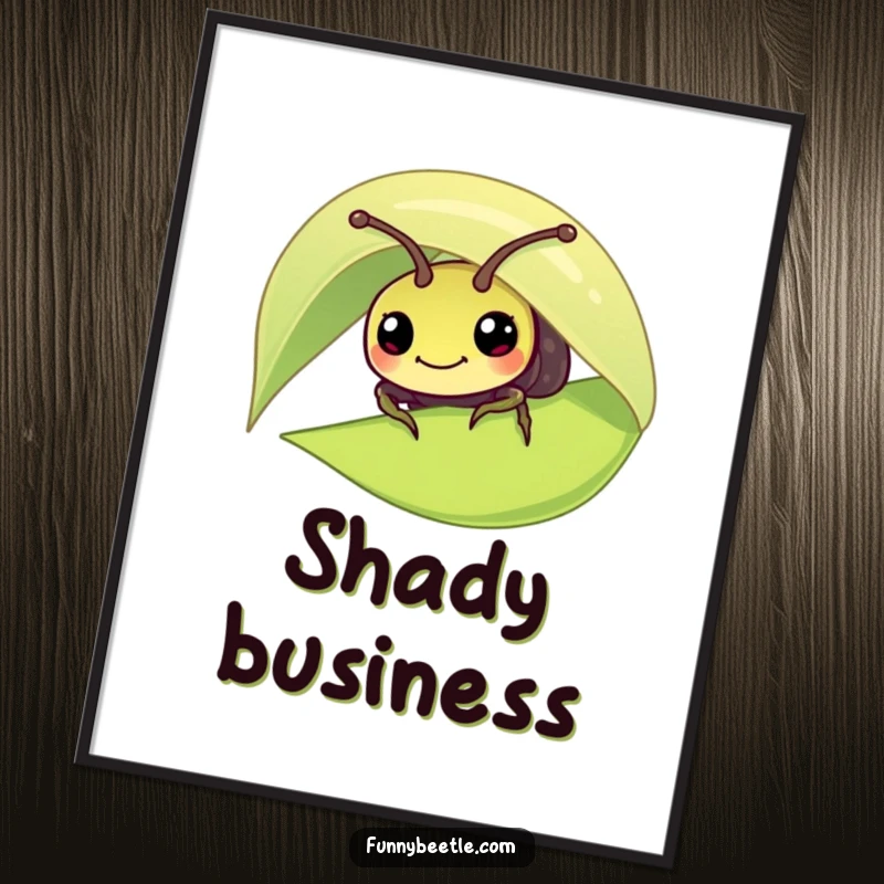 Funny poster art of a curious beetle peeking from under a leaf, capturing a moment of playful mystery and nature's charm.