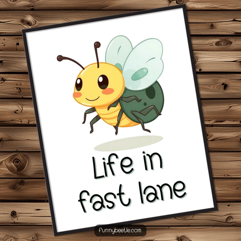 Funny poster of a buzzing beetle character in a blur of motion, conveying intense activity and a humorous, energetic vibe for wall art.