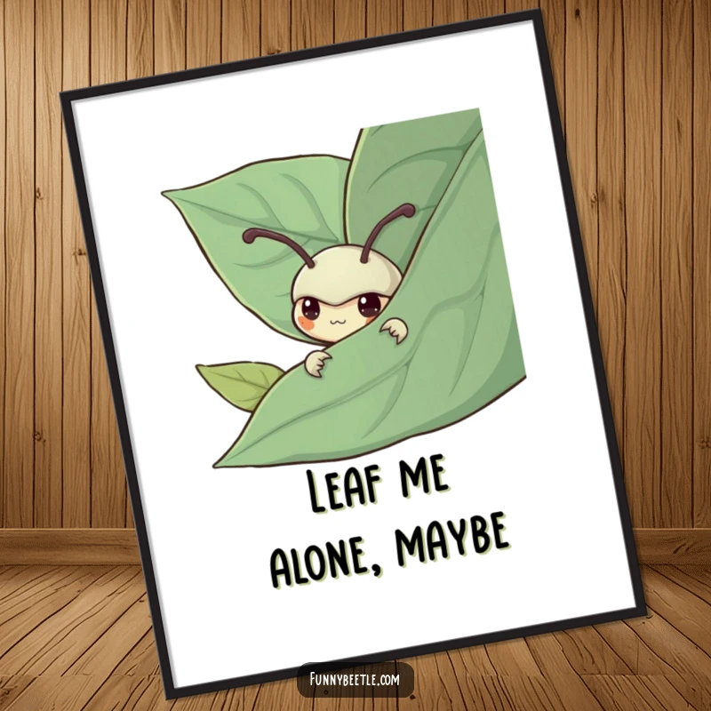 Funny poster of a shy beetle peeking from behind a leaf, conveying a humorous, gentle, and observant nature for calming wall art.