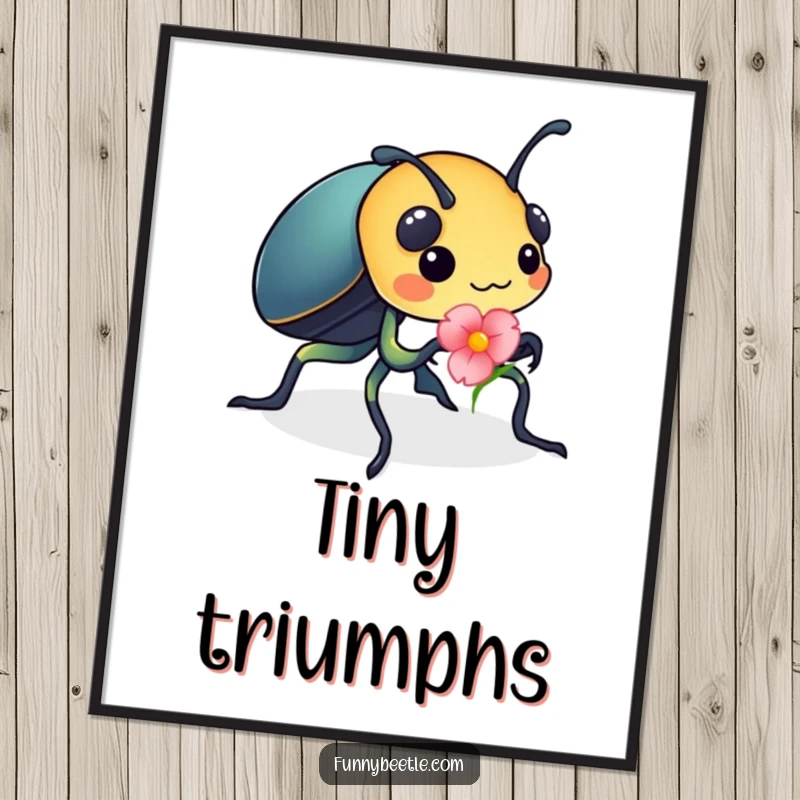 Funny poster art of a busy beetle carrying a bright flower petal, celebrating diligence and adding a touch of whimsical, colorful motivation.