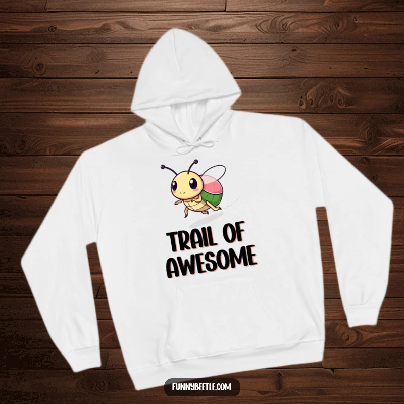 Funny hoodie featuring a speedy beetle character with a faint sparkly trail, combining coziness with a humorous, magical aesthetic.