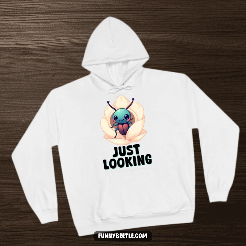 Funny beetle hoodie depicting a curious beetle peering into a miniature flower petal home, a blend of comfort and intriguing humor.