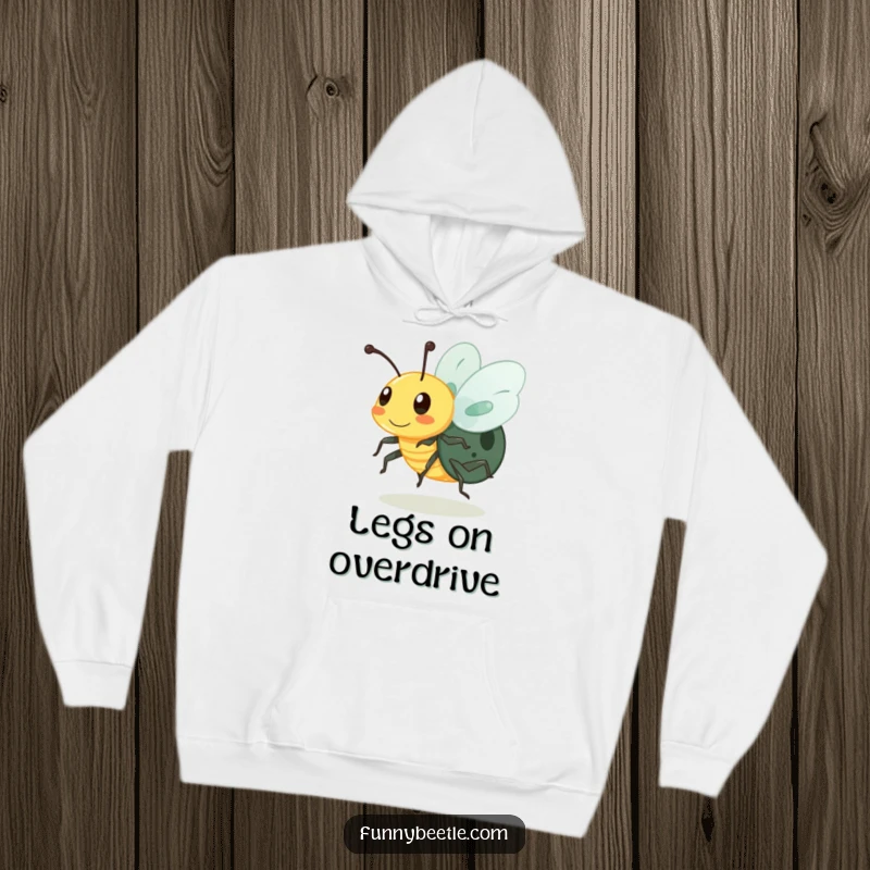 Funny hoodie featuring a buzzing beetle character with legs a blur, symbolizing energetic movement and providing cozy comfort for active individuals.