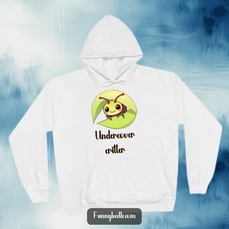 Funny hoodie with a curious beetle peeking from under a large leaf, designed for comfort and a touch of humorous, nature-inspired style.