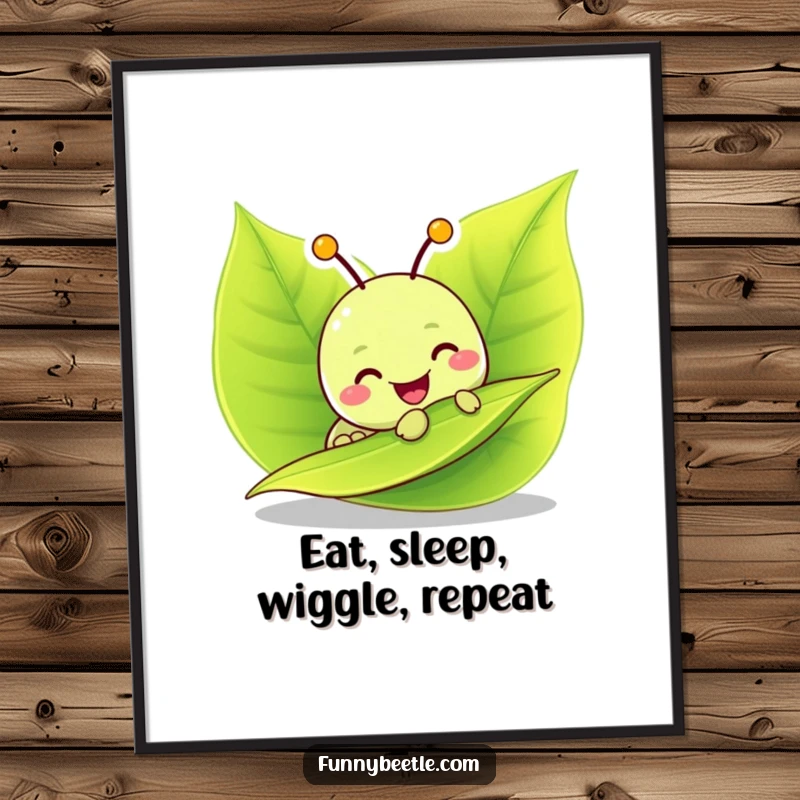 Funny Free Printable Wall Art depicting a cheerful caterpillar contentedly munching on a vibrant green leaf.