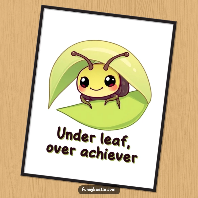 Funny Free Printable Wall Art showing a curious beetle peeking out from under a large leaf.