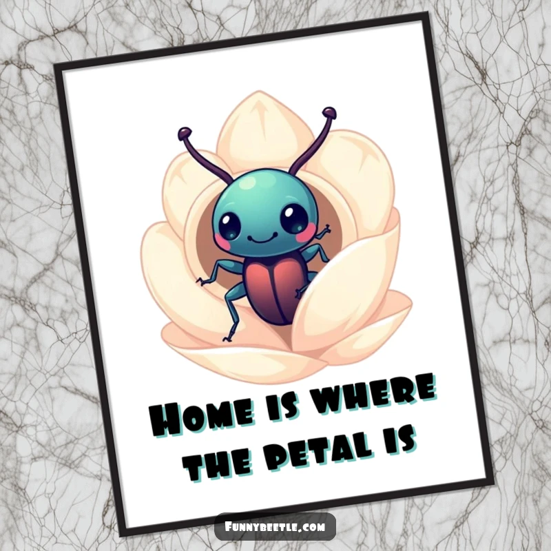 Funny Free Printable Wall Art: A small, curious beetle peeking into a beautifully detailed miniature flower petal home.