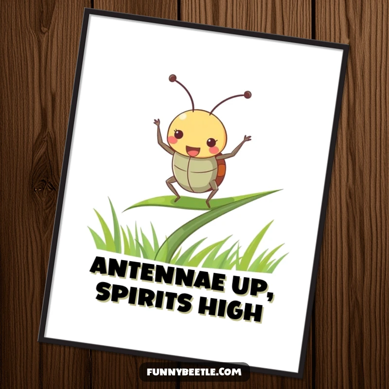 Funny Free Printable Wall Art: A jubilant beetle dancing with glee on a blade of grass, antennae perked.