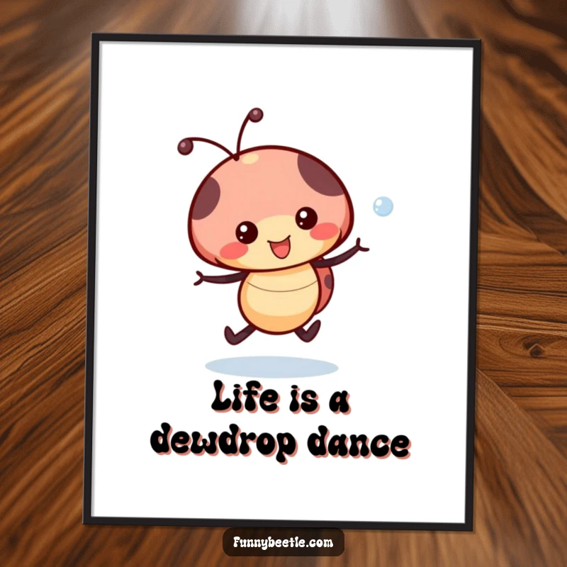 Funny Free Printable Wall Art: Happy ladybug skipping with a sparkling dewdrop, creating a joyful and whimsical piece of downloadable art.