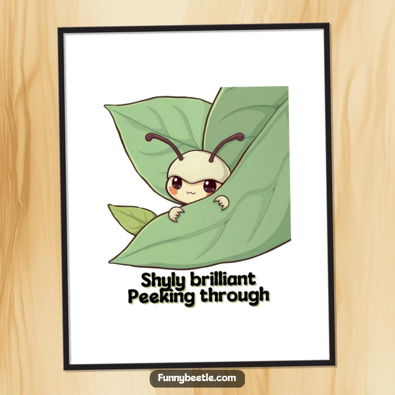 Funny free printable wall art of a shy beetle peeking from a large leaf, a cute downloadable art piece.